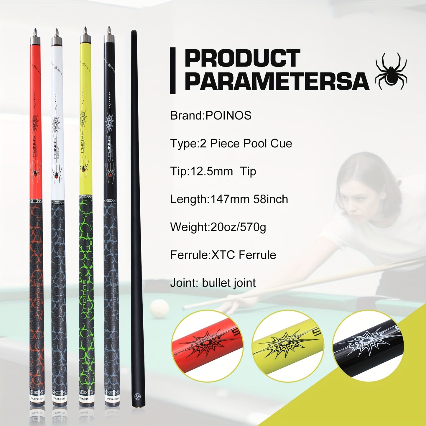 POINOS R Series Carbon Fiber Pool Cue With XTC Ferrule Multi Layer Tip Grip