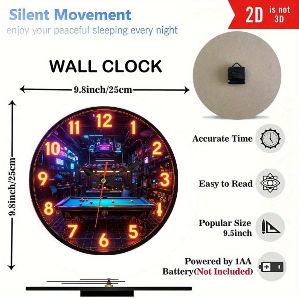 Retro Neon Billiard Wall Clock With Glowing Pool Table Design