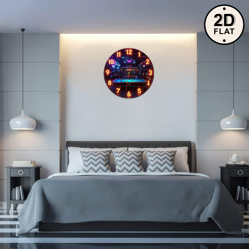 Retro Neon Billiard Wall Clock With Glowing Pool Table Design