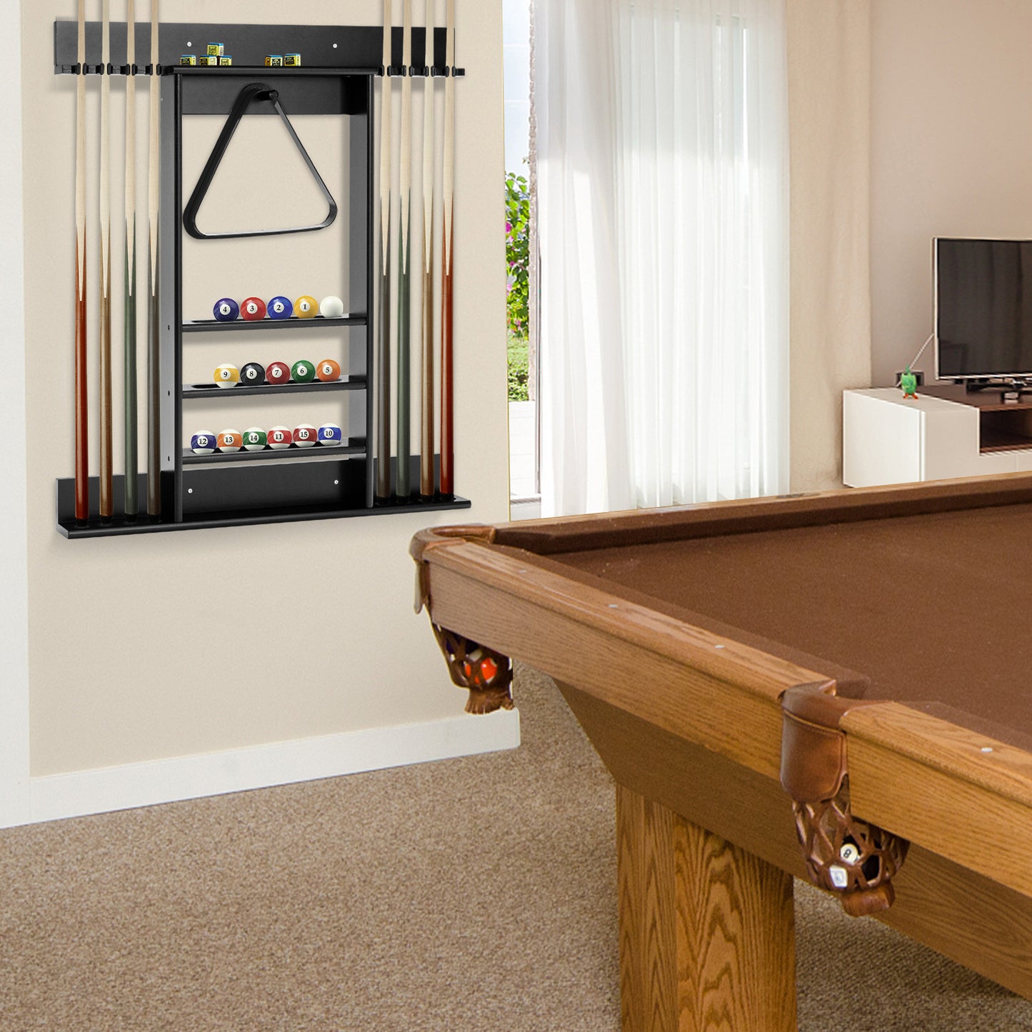 PETSITE Billiard Cue Rack Wall Mounted Pine Holds 8 Cues
