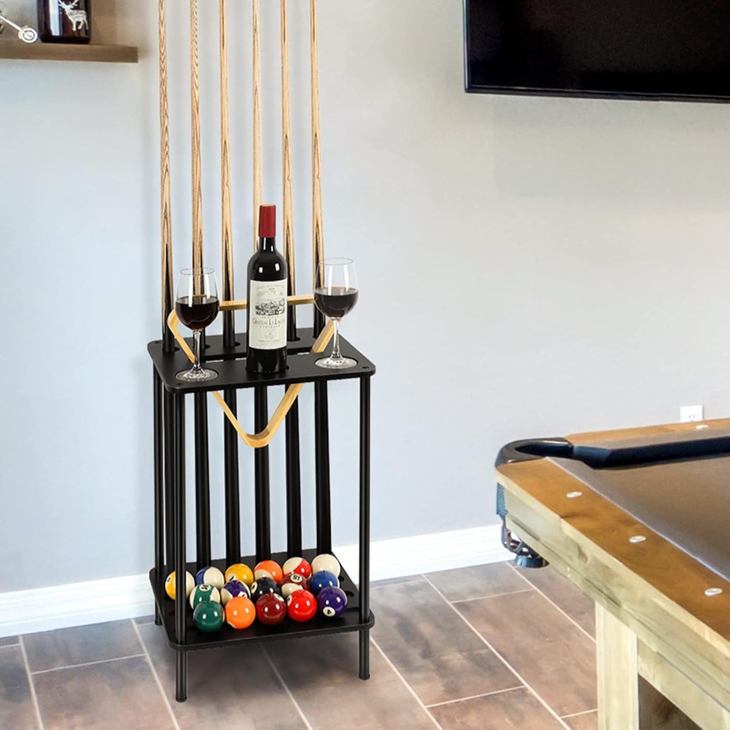 Wooden Billiard Cue Rack Holds 6 Cues And 18 Balls