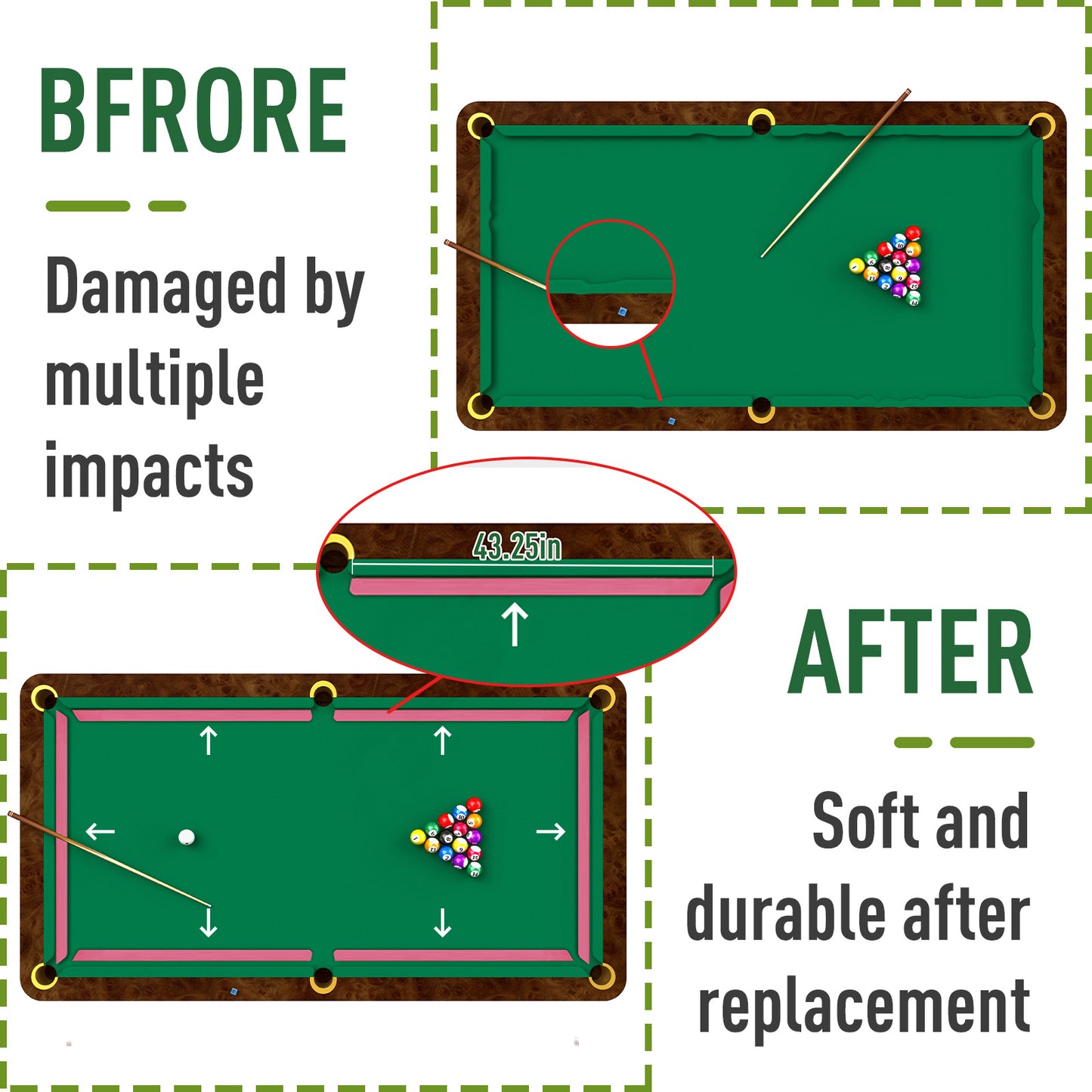 6pcs of Billiards Table Rubber Buffers | 8-Foot Billiards Table Track Pad Replacement Additions, Mixed Color Rubber Material