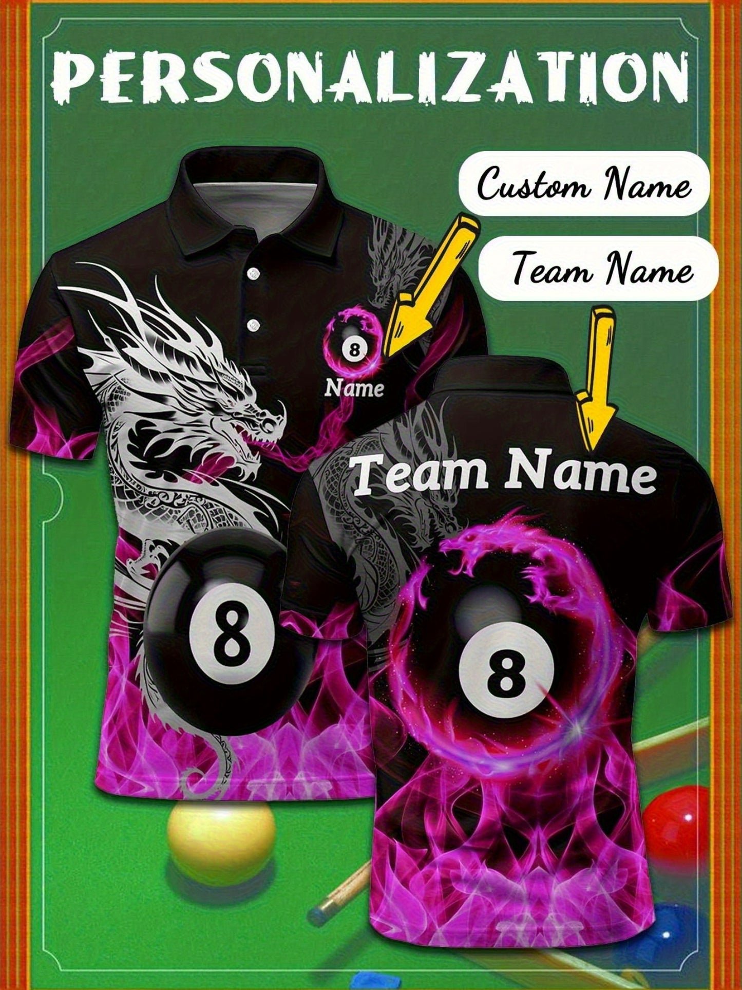 Custom Dragon 8 Billiard Polo Shirt With Personalization