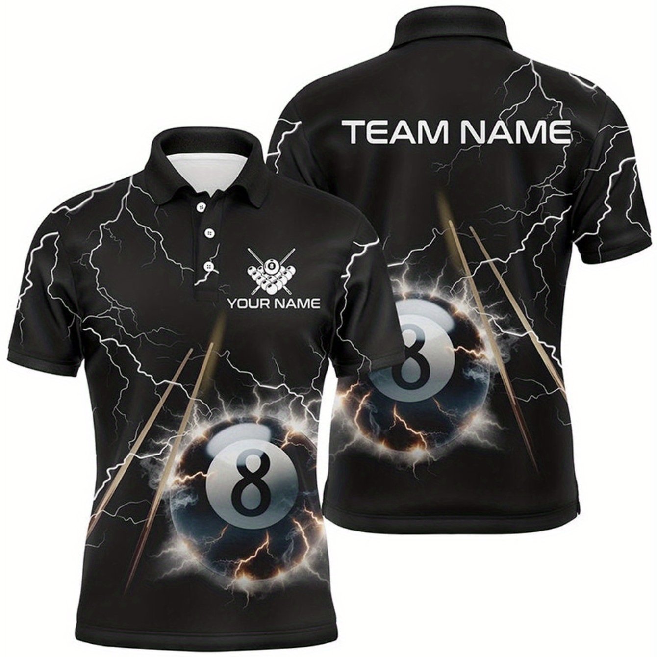 Custom Mens Billiards Shirt With Lightning Strike Print Polyester