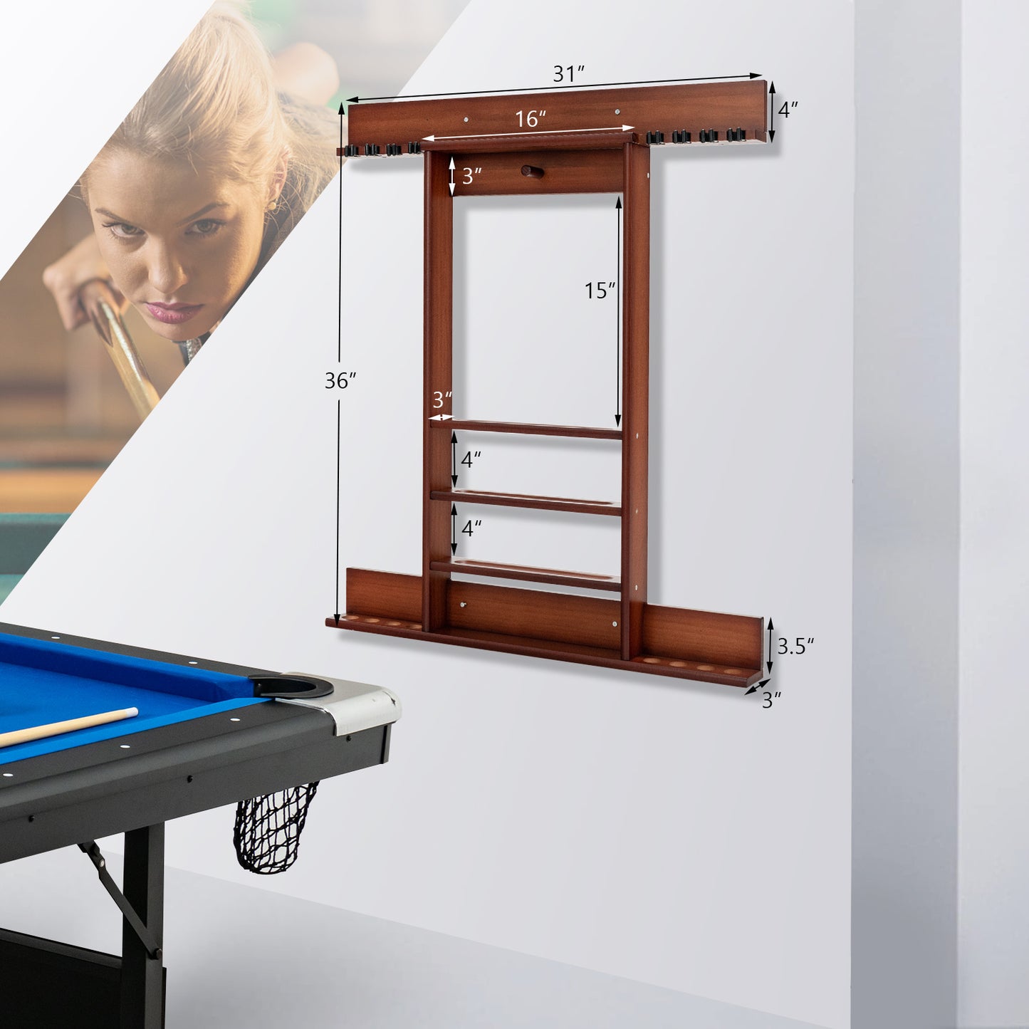 PETSITE Billiard Cue Rack Wall Mounted Pine Holds 8 Cues