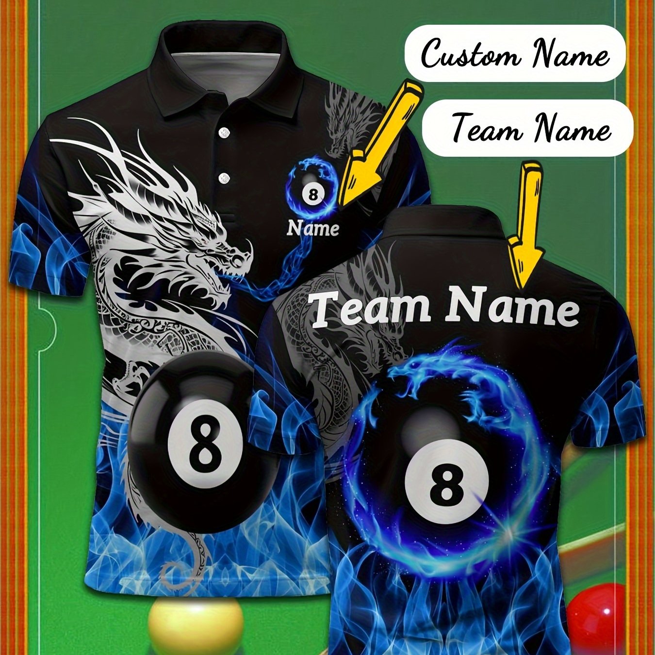 Custom Dragon 8 Billiard Polo Shirt With Personalization