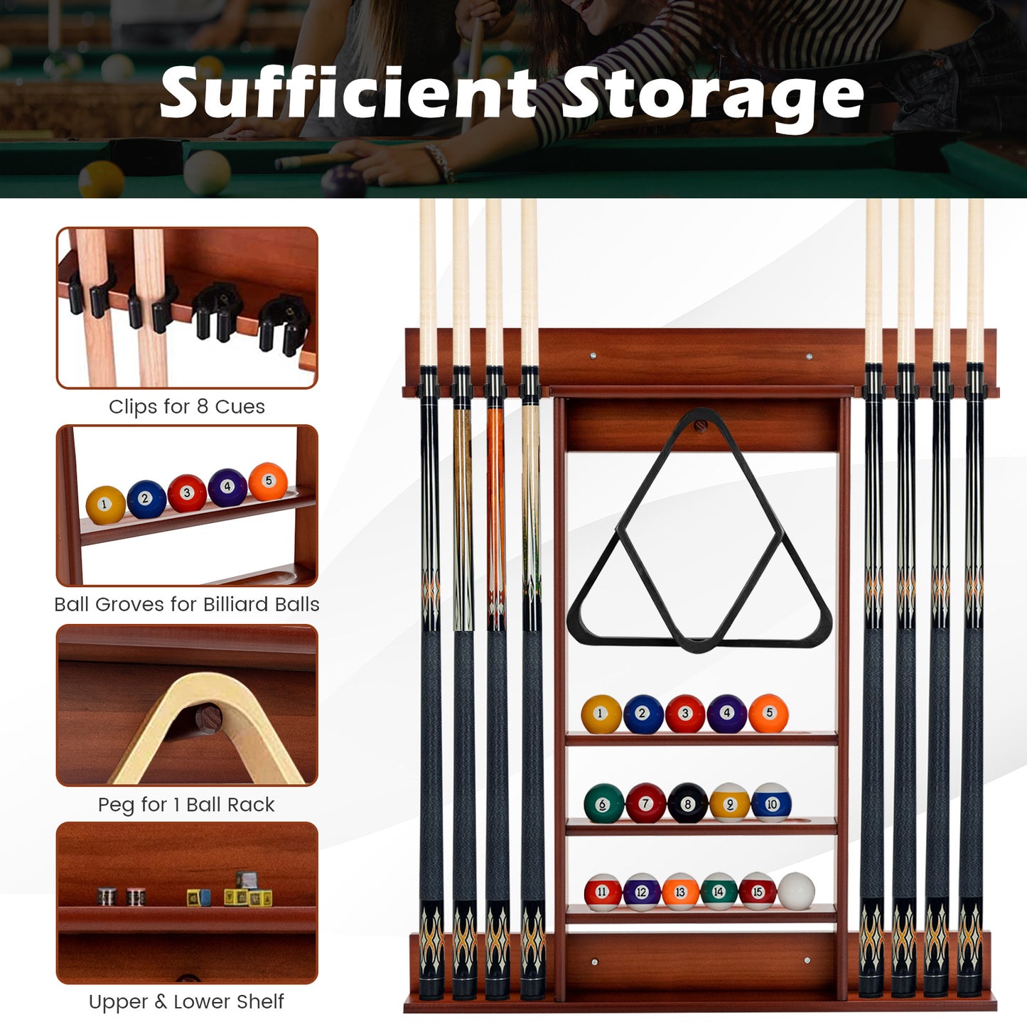 PETSITE Billiard Cue Rack Wall Mounted Pine Holds 8 Cues