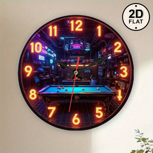 Retro Neon Billiard Wall Clock With Glowing Pool Table Design