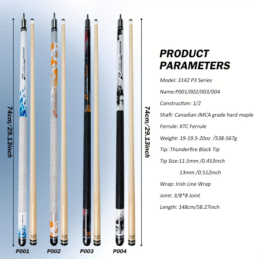RREOAIDR P3 Series Pool Cue Stick Canadian Maple Low Deflection Shaft