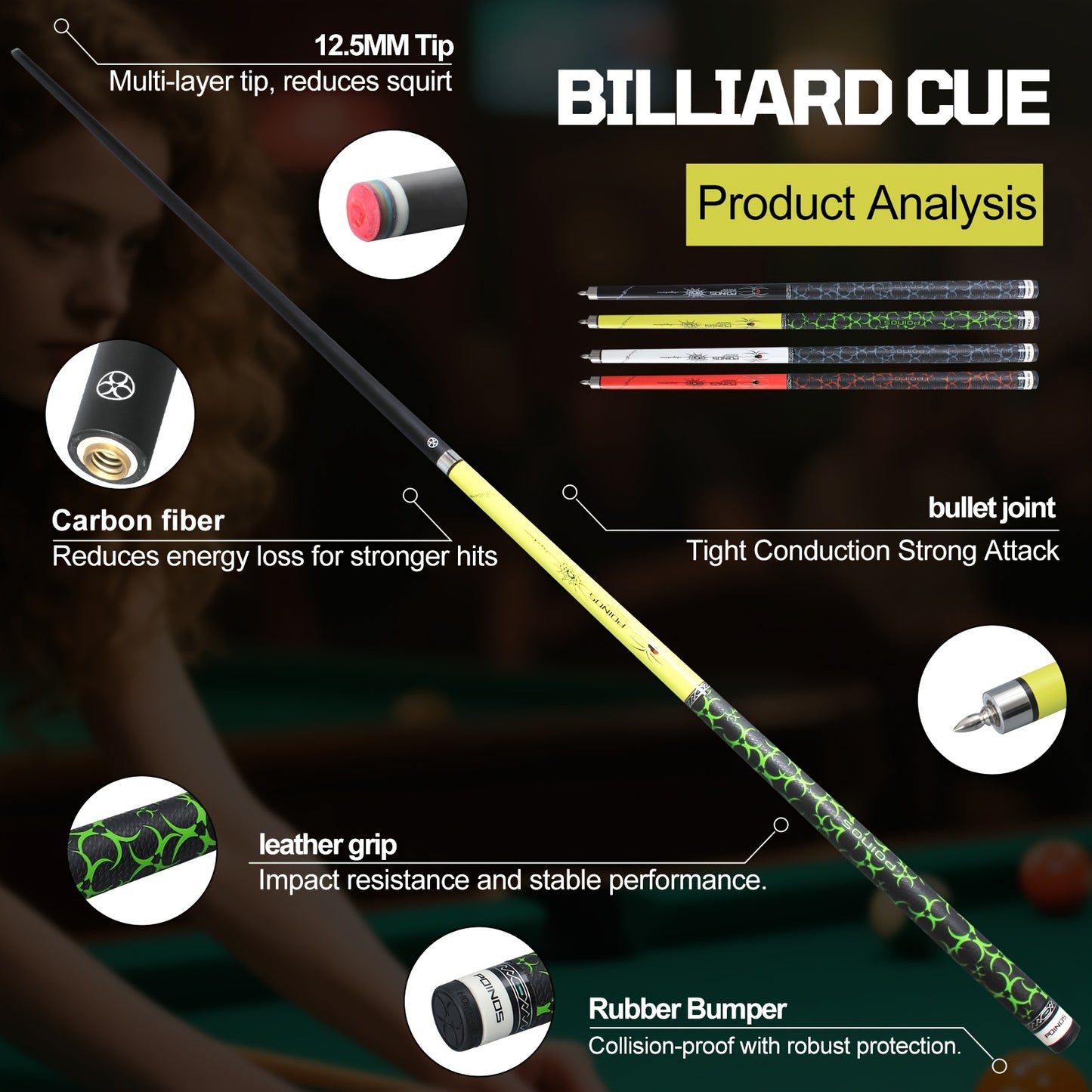 POINOS R Series Carbon Fiber Pool Cue With XTC Ferrule Multi Layer Tip Grip