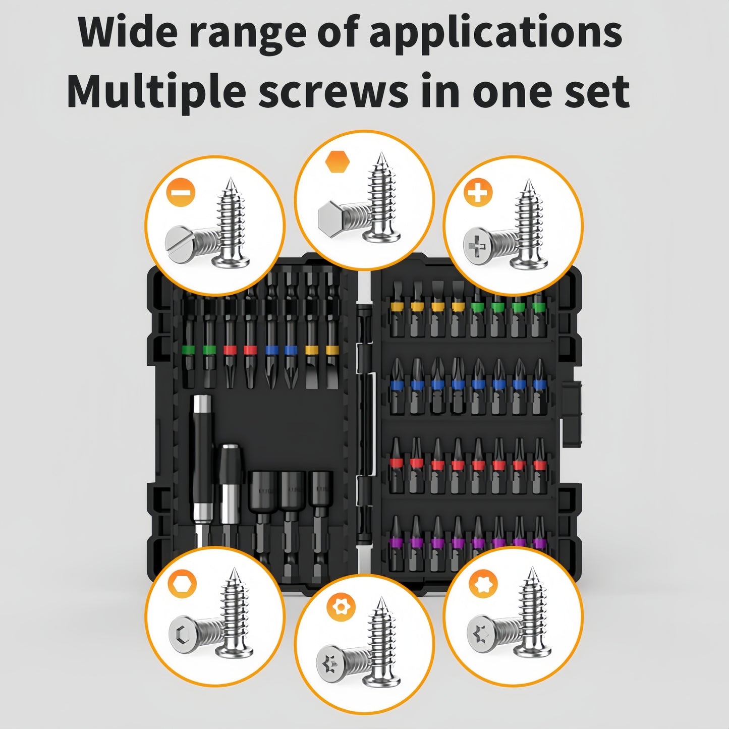 45pcs Heavy-Duty Impact Screwdriver Bit Set Compatible for Torx/T40-TX27, Cross/PH0-PH2, Flat/-L7, Square/R90-R120 - Bits with Storage Box, Compact & Portable Kit for Repair, Automotive, DIY (45pcs)