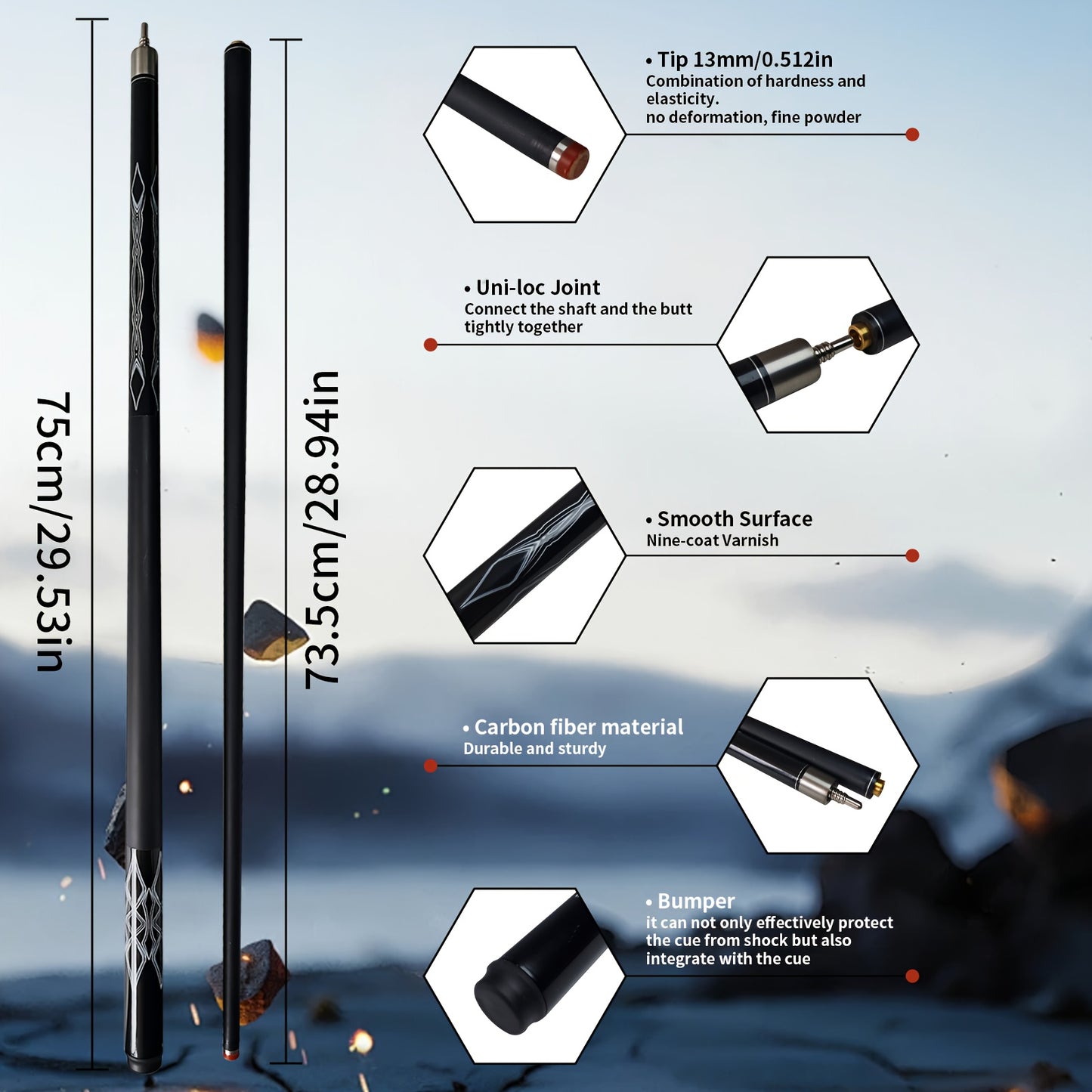 Carbon Fiber Pool Cue Low Deflection With Quick Release Connection