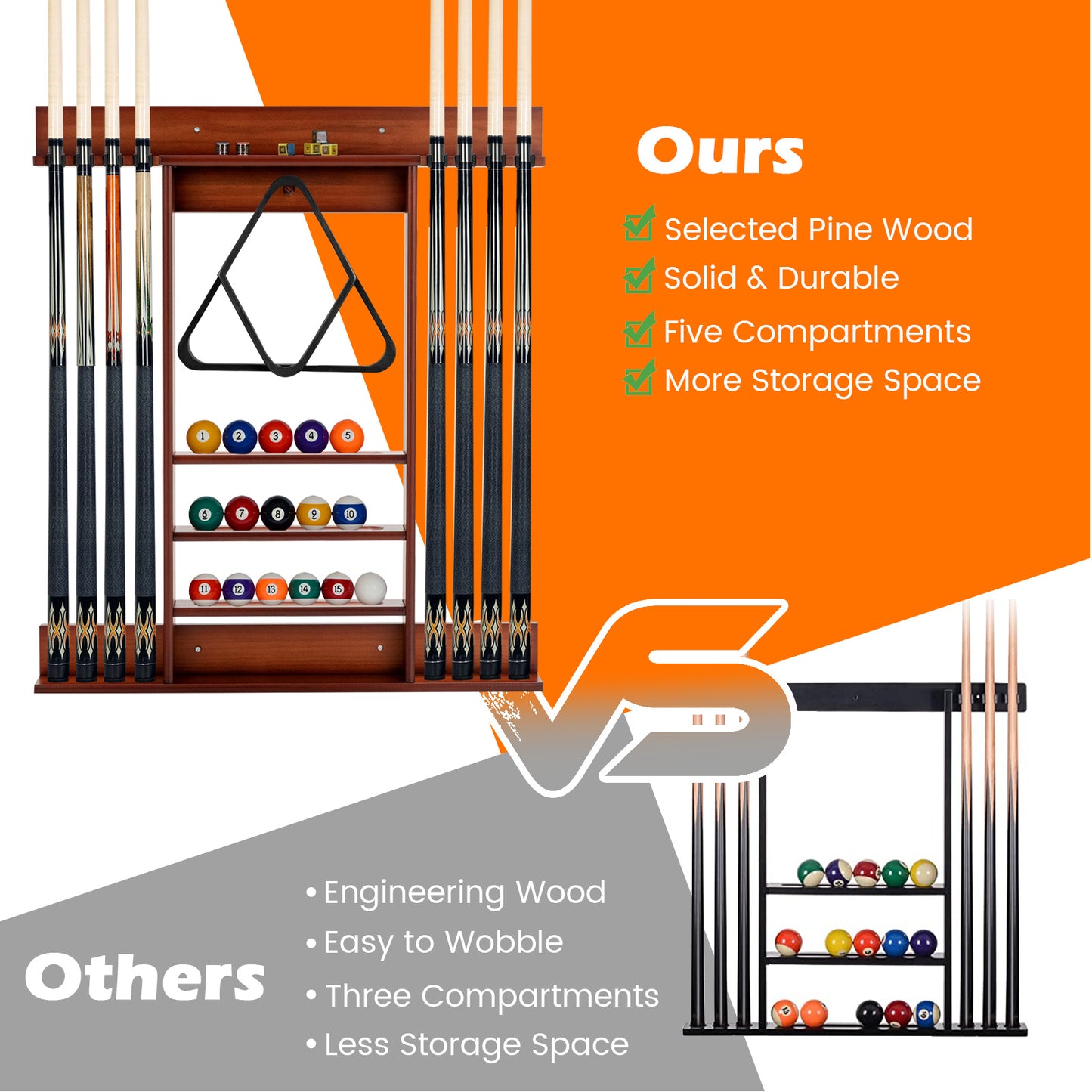 PETSITE Billiard Cue Rack Wall Mounted Pine Holds 8 Cues