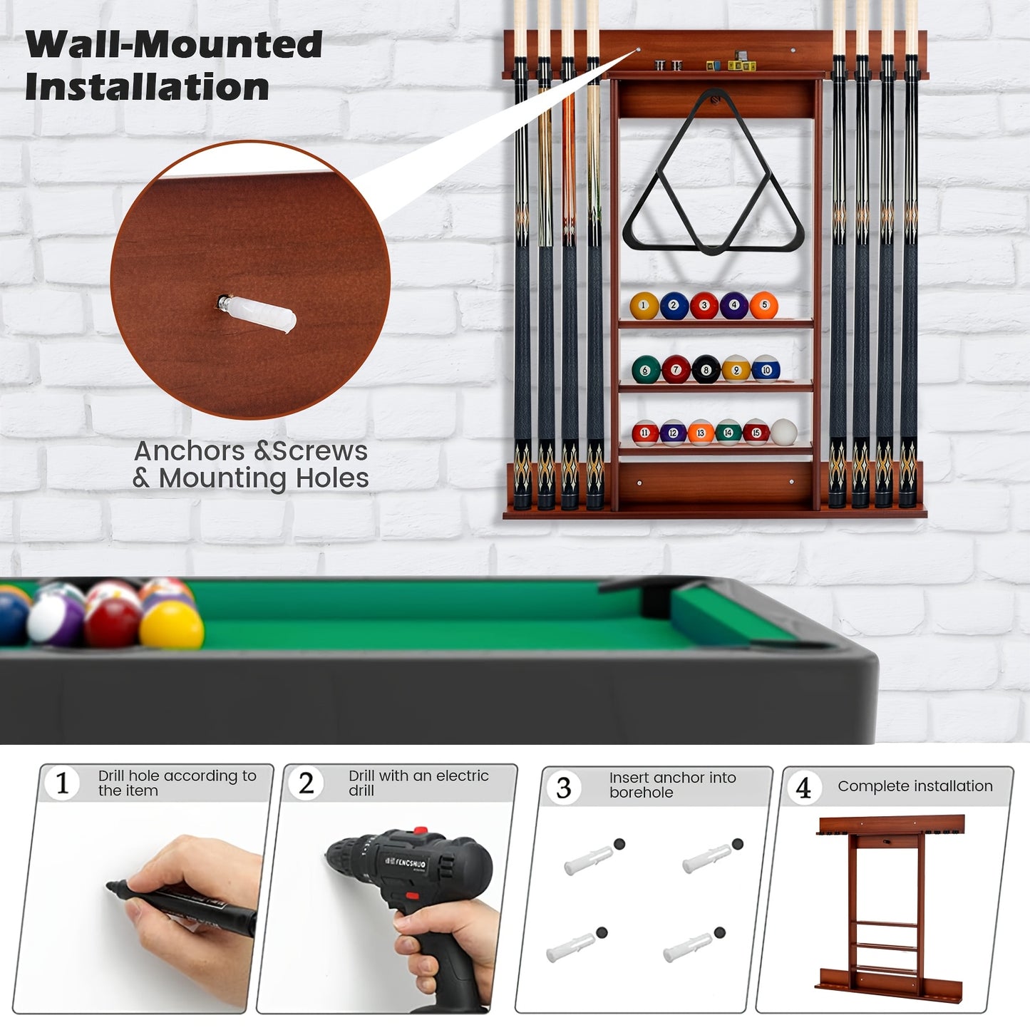 GOPLUS Wall Mounted Billiard Cue Rack Holder for Pool Sticks