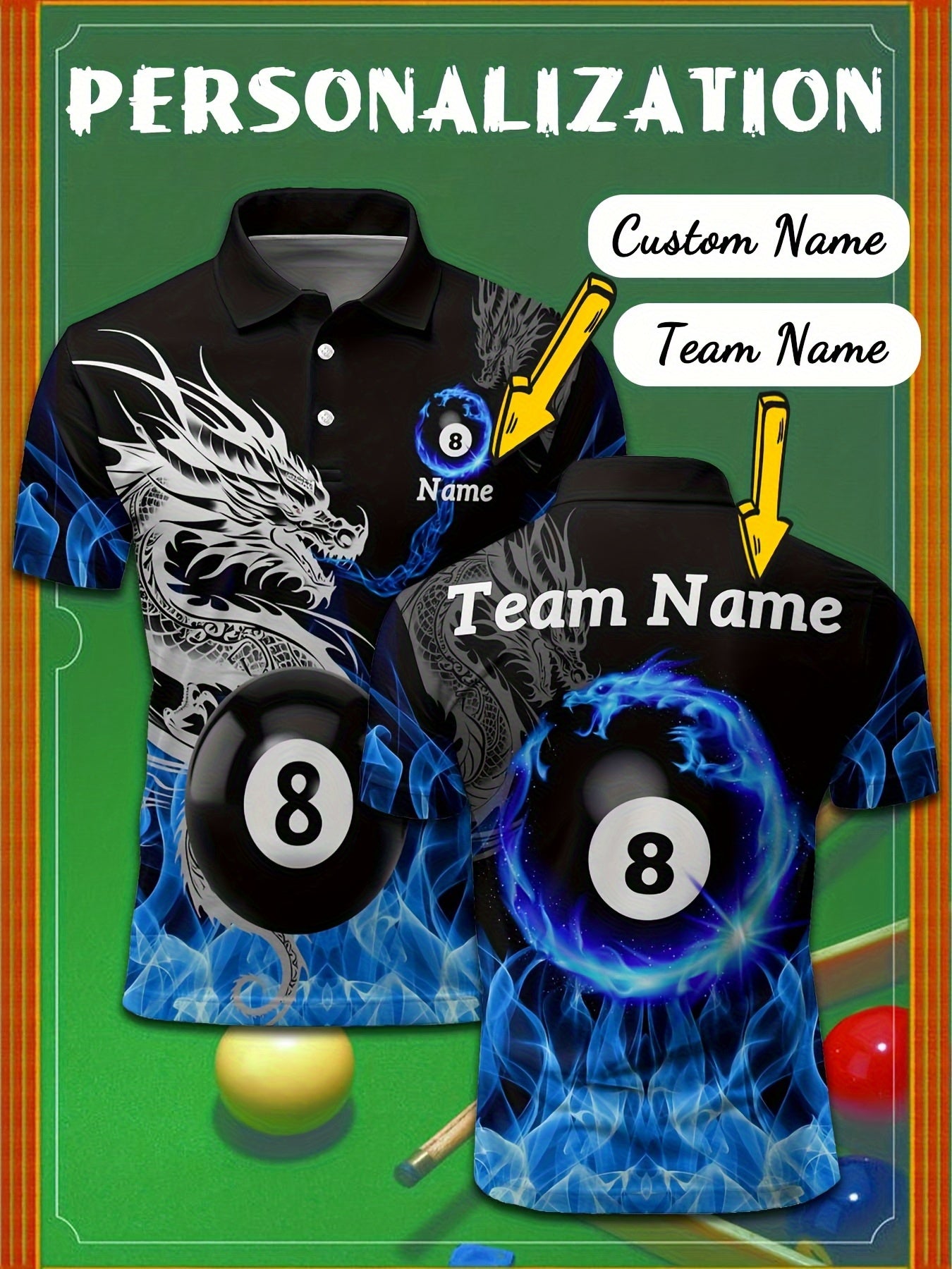Custom Dragon 8 Billiard Polo Shirt With Personalization