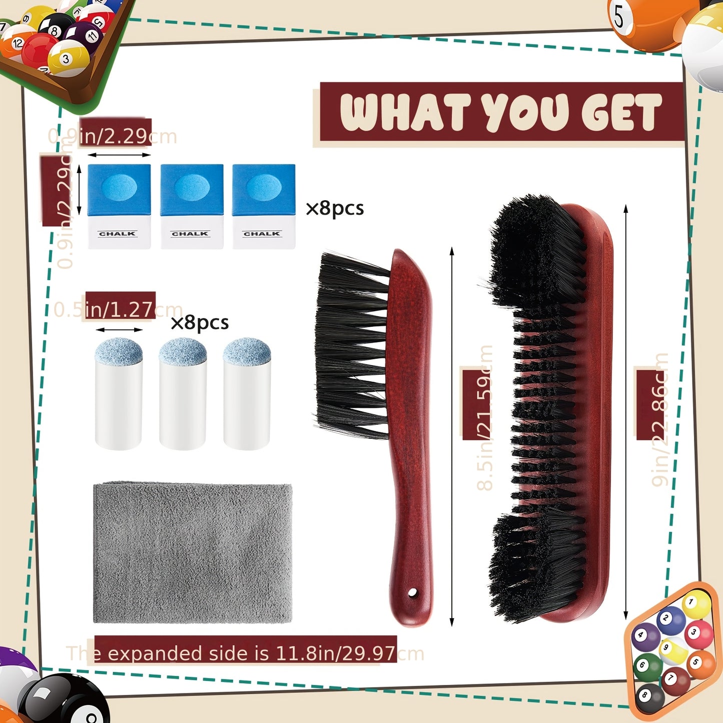 DREYOO Pool Table Brush Set With Wooden Billiard Rack