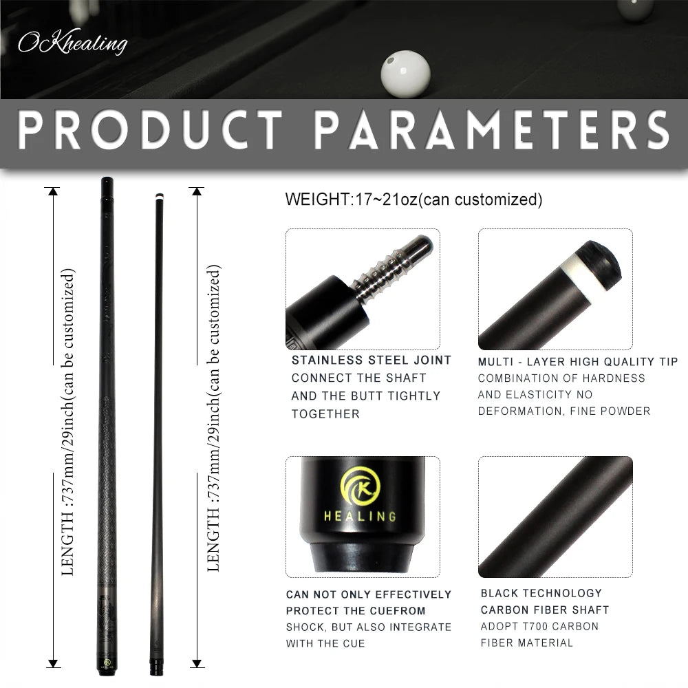 OKHEALING Carbon Fiber Billiard Cue Low Deflection Pool Cue