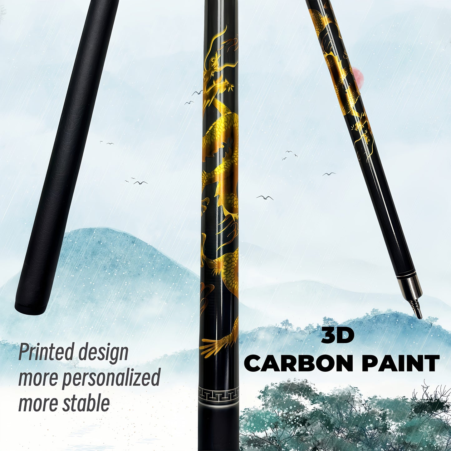 Mysterious Eastern Dragon Totem Carbon Fiber Pool Cue Leather Grip
