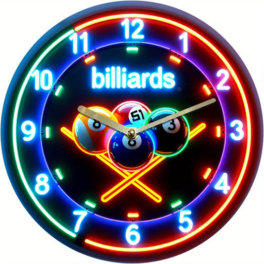 Vintage Billiards Theme Silent Wood Wall Clock With Neon Numbers