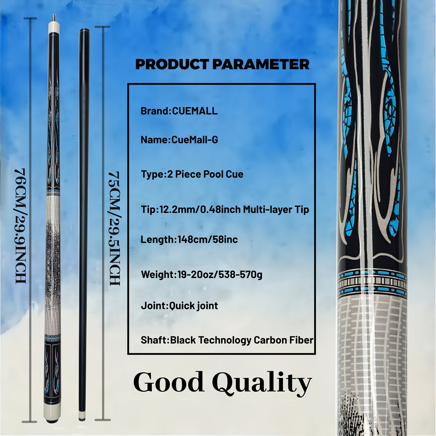 Dragon Carbon Fiber Billiard Cue Two Piece 12.5mm Tip