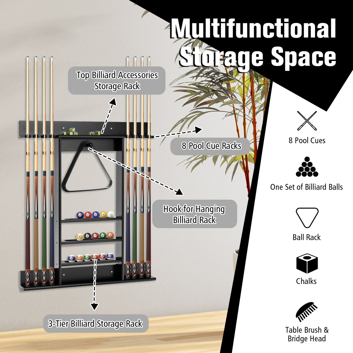PETSITE Billiard Cue Rack Wall Mounted Pine Holds 8 Cues