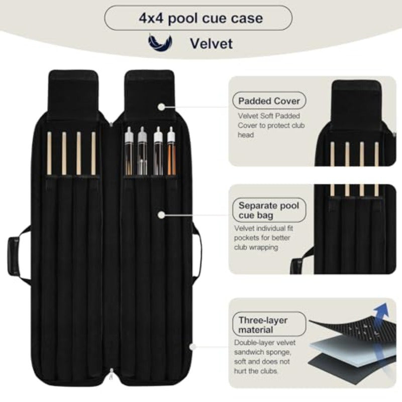 Heavy Duty Pool Cue Case With Oxford Exterior And Padded Interior Holds 4 Cues