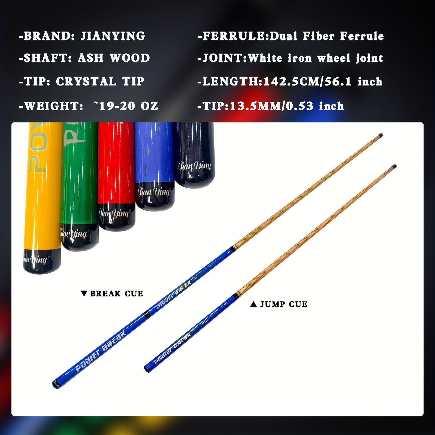 Jianying Jump Break Pool Cue Three Part Wood Shaft