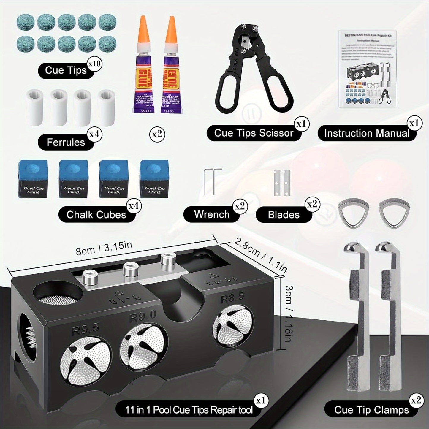 11-In-1 Pool Cue Tip Shaper Tool Kit For Billiards