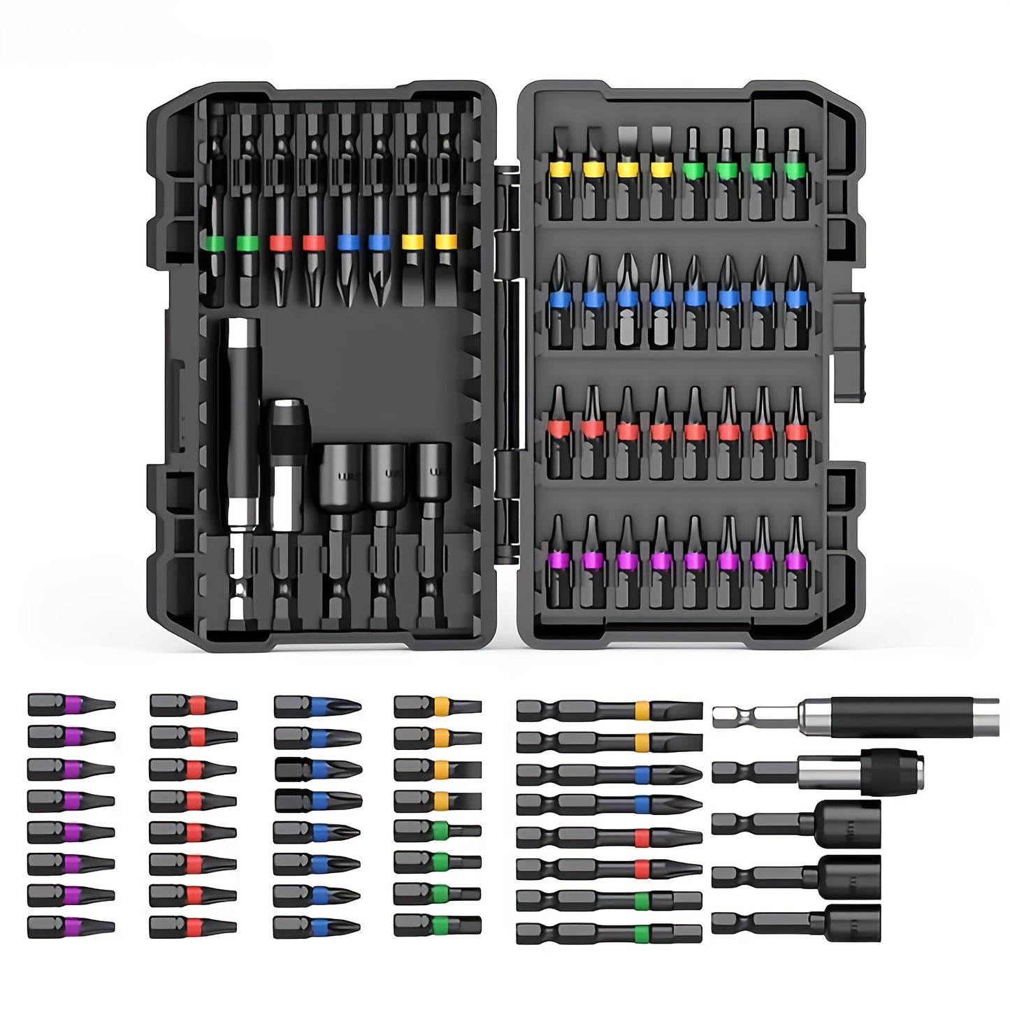 45pcs Heavy-Duty Impact Screwdriver Bit Set Compatible for Torx/T40-TX27, Cross/PH0-PH2, Flat/-L7, Square/R90-R120 - Bits with Storage Box, Compact & Portable Kit for Repair, Automotive, DIY (45pcs)