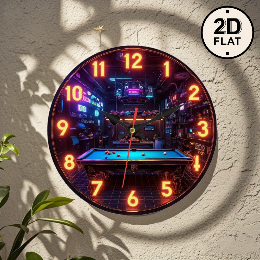 Retro Neon Billiard Wall Clock With Glowing Pool Table Design