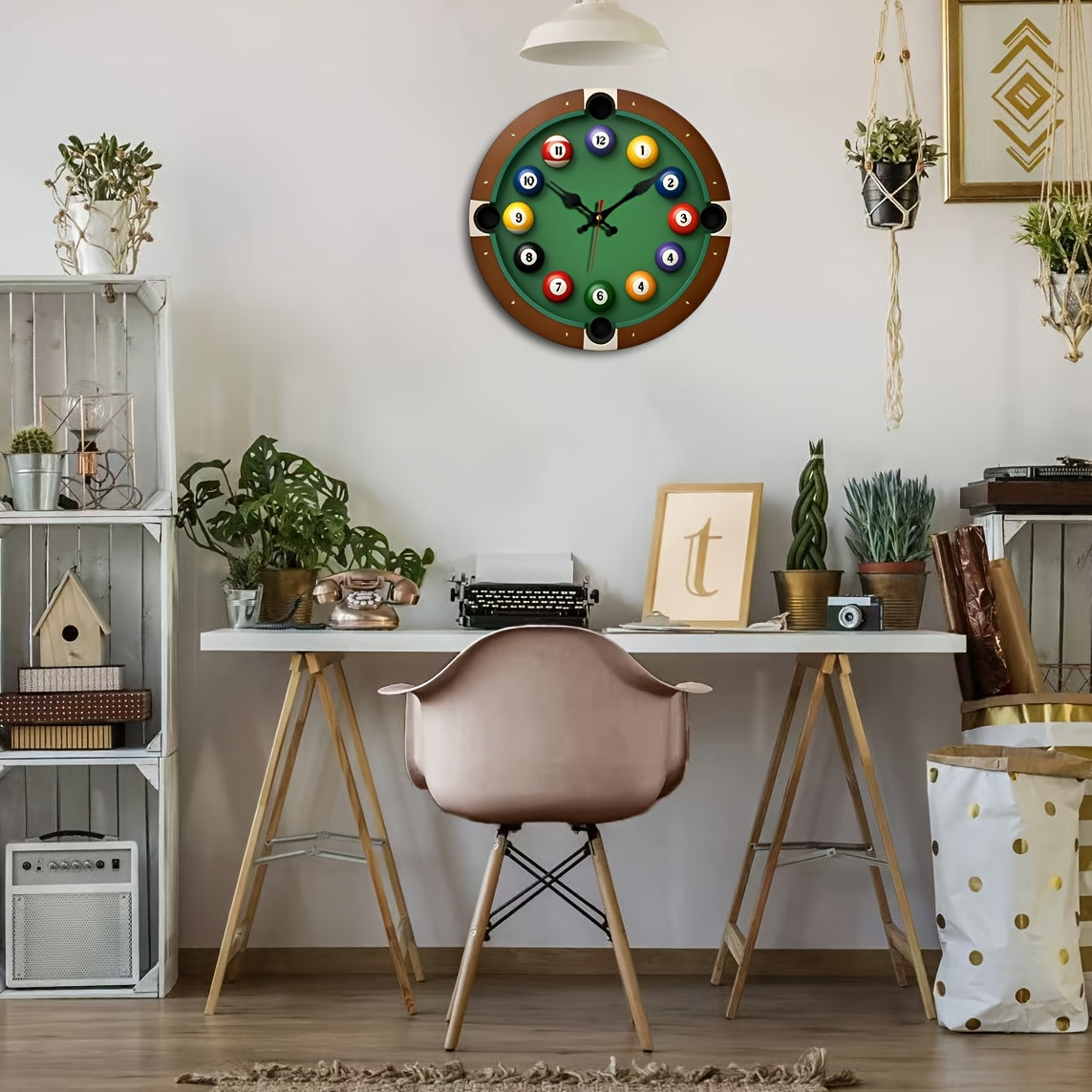 JFHT Pool Table Wall Clock With Billiard Balls And Cue